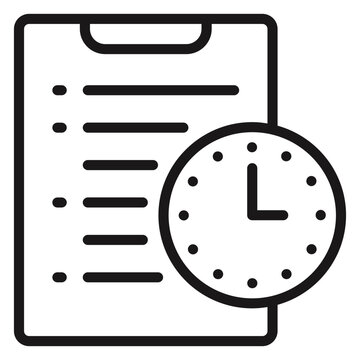 Minimalist black line vector icon illustration of a clipboard with a checklist and a clock symbol, representing time management, task scheduling, productivity, planning, and business workflow.