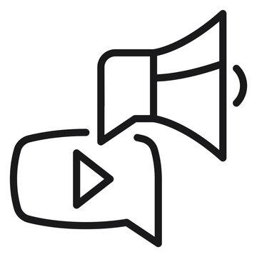 Video marketing and digital advertising vector icon illustration featuring a megaphone and a play button speech bubble, perfect for social media promotion, communication, and business branding.