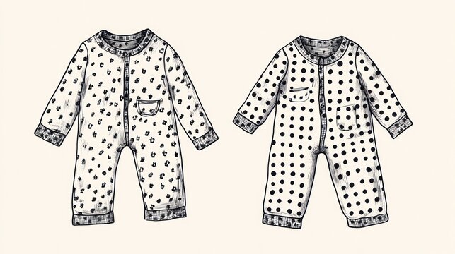 Two footie pajamas feature a dot pattern and a zipper closure; cute apparel for babies