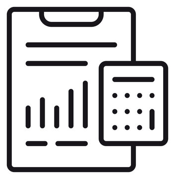 Black line vector icon illustration of a clipboard with a bar chart and a calculator, representing financial reporting, business analysis, accounting, data calculation, and budget planning.