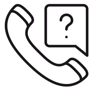 Black line art vector icon illustration of a telephone handset with a speech bubble and question mark, representing customer support, help desk, FAQ, and communication assistance services.
