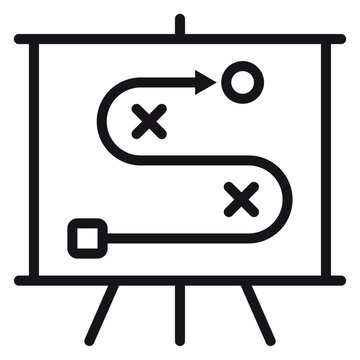 Minimalist black vector icon illustration of a business strategy plan on a presentation board easel, featuring a tactical roadmap with path, goal, and obstacles for project management.