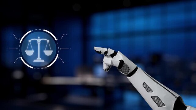 A robotic hand interacts with a digital interface showcasing scales of justice, illustrating the fusion of technology and legal practices in modern society. Synapse