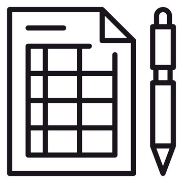 Minimalist black vector icon illustration of a document with a data table grid and a pen, representing form filling, reporting, spreadsheet management, and office paperwork on white background.