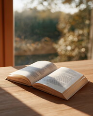 Fototapeta premium Open book resting on wooden table with natural light in background 