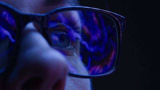 AI code on eyeglass glass, reflection on woman developer eyeglasses, working in dark office, tired busy people, depression on work, haker or it engineer with laptop, stocks markets. 