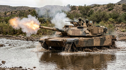 Fototapeta premium Armored Tank Engaging Target With Powerful Cannon