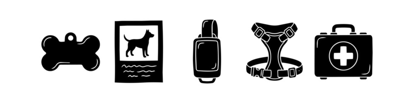 Set of minimalist black and white icons for pet care, featuring a dog harness, bone-shaped ID tag, medical first aid kit, GPS collar, and pet passport documents.