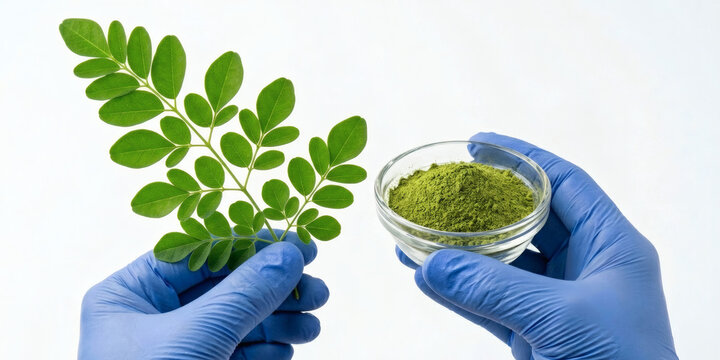 Moringa oleifera (Kelor) fresh leaves and organic green powder in blue medical gloves isolated on white background, superfood supplement and nutritional herbal medicine.