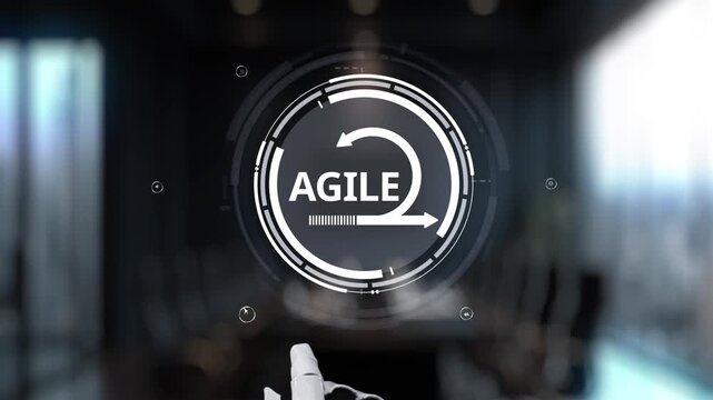 A robotic hand points to a digital display featuring agile methodology icons, representing innovative project management solutions in a modern business environment. Synapse