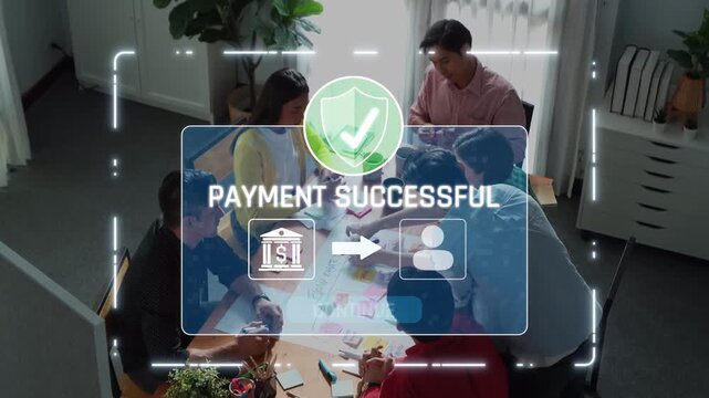 A vibrant office scene illustrating a successful payment confirmation through a digital interface, highlighting teamwork, security, and collaborative effort in a professional setting. Raster