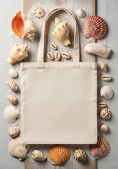 Obraz premium Beige cotton tote bag mockup decorated with seashell on sand. Canvas shopper for shopping and branding. Eco friendly textile bag as summer accessory for vacation and beach holiday design.