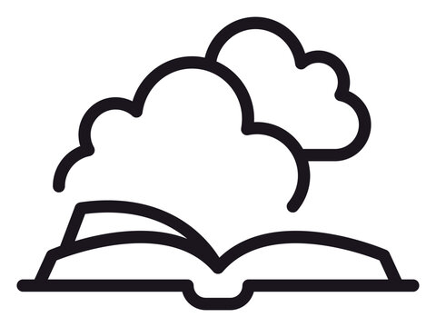 Open book with clouds rising from the pages vector icon. Minimalist black line art illustration representing imagination, storytelling, dreaming, and cloud-based digital education or e-learning.