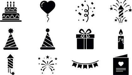 Fototapeta premium Celebration icons birthday and party elements in black silhouette style