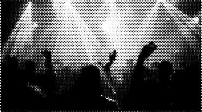 Halftone vector concert scene abstract background overlay with dancing crowd