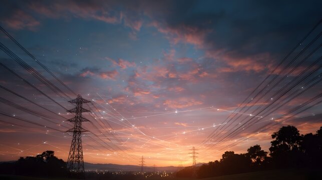 A sweeping view of electrical transmission lines spanning beneath a dramatically colored sunrise or sunset sky over silhouetted trees