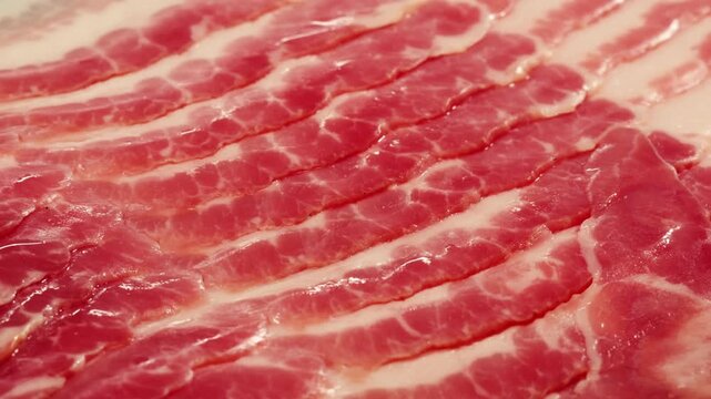  Sliced ham jamon fat bacon meat, beef pastrami thick pieces on a wooden board, beef or pork jamon. Chef cooking breakfast, smoked bacon in cafe. 