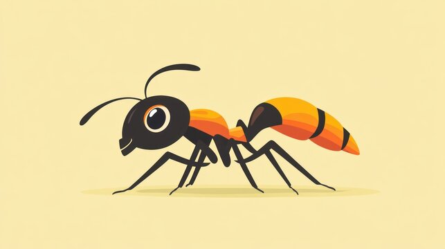 Ant illustrated with an orange and black body on a yellow background in profile