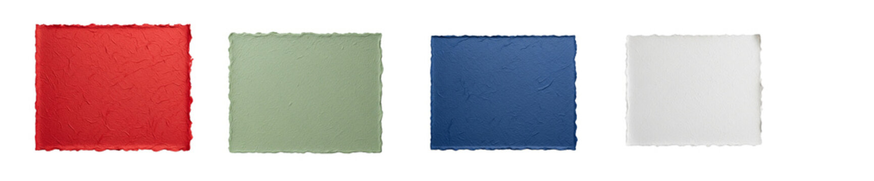 Set of four handmade textured mulberry paper squares with deckle edges in various colors.