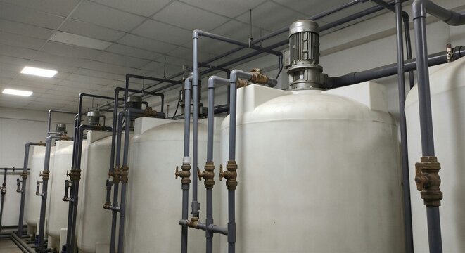 Indoor industrial fluid management system featuring white polyethylene chemical storage tanks integrated with gray PVC piping and brass ball valves