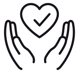 Black vector icon illustration of two hands cupped around a heart with a checkmark inside, representing health care, trust, support, charity, donation, and approved medical services symbol. © Ustaad