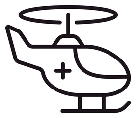 Medical emergency helicopter vector icon, black outline illustration of an air ambulance with a medical cross symbol, minimalist rescue chopper graphic for healthcare and transport design. © Ustaad