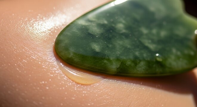 Woman using green jade gua sha stone for facial massage on cheek with serum. Holistic skincare routine and lymphatic drainage. Spa treatment for lifting and rejuvenation of skin.