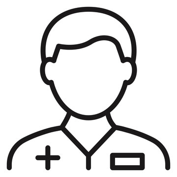 Male doctor or medical professional vector icon illustration. Black line art silhouette of a healthcare worker in uniform with cross and name tag, minimalist symbol for medical health services.