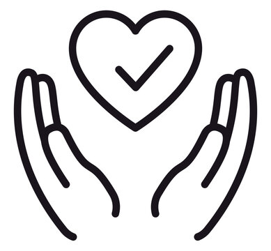 Black vector icon illustration of two hands cupped around a heart with a checkmark inside, representing health care, trust, support, charity, donation, and approved medical services symbol.