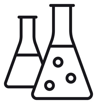 Two Erlenmeyer Flasks Vector Icon, Minimalist Black Line Art Illustration of Laboratory Glassware with Liquid and Bubbles, Symbol for Chemistry, Science, Research, and Education