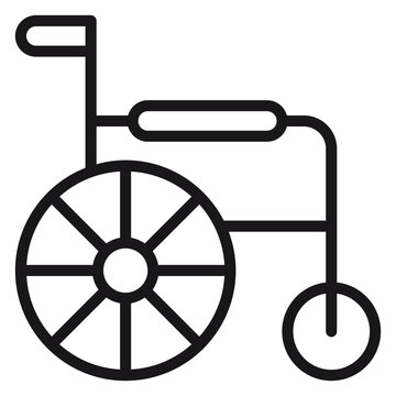 Minimalist black line vector icon of a wheelchair, symbol for disability, accessibility, and medical mobility equipment. Scalable graphic illustration for healthcare and patient transport.