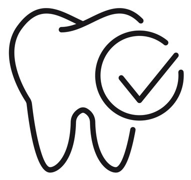 Healthy Tooth Vector Icon with Checkmark Symbol, Representing Dental Health, Oral Hygiene, and Successful Dentistry Checkup. Minimalist Black Line Art Illustration for Medical and Healthcare Design.