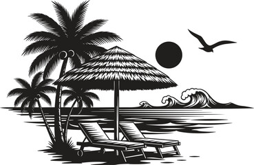 Tropical beach scene silhouette with palm trees lounge chairs and waves at sunset © Crazy Dreamy Boy