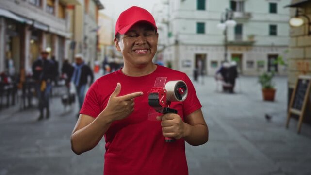 Hispanic man pointing finger at tape dispenser on city street wearing red cap and red shirt; cheerful helpful service.