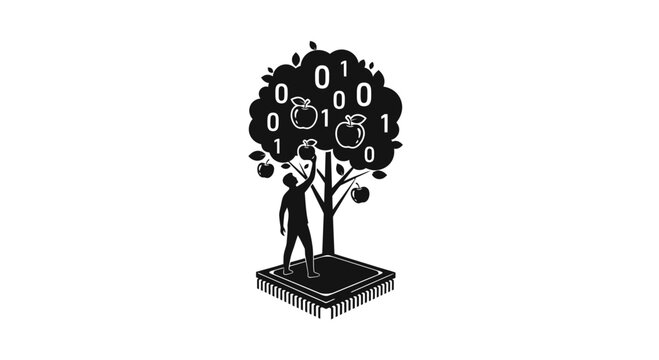 Man standing under binary code tree.