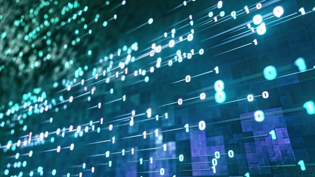 Digits 1 and 0 rush in a binary stream along a dark circuit board grid, glowing teal and white. Light trails connect the numbers, suggesting data transmission. Deep blue and purple tones fill the