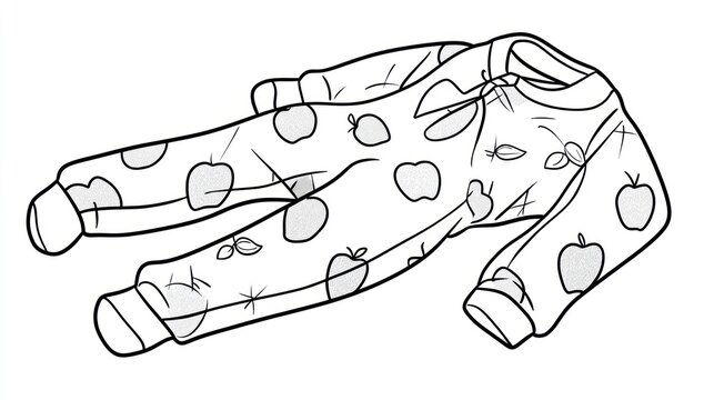 Footed sleeper garment with apple & leaf print, long sleeves, white background outline