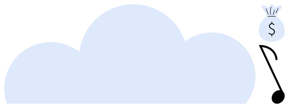 Music streaming, cloud storage, digital services, financial growth, monetization, innovation. Light blue cloud, musical note money bag. Music streaming and cloud storage concept