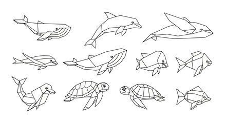 Geometric line art collection of marine animals including whales, dolphins, fish, and sea turtles stylized ocean creatures set © Best Design_Academy