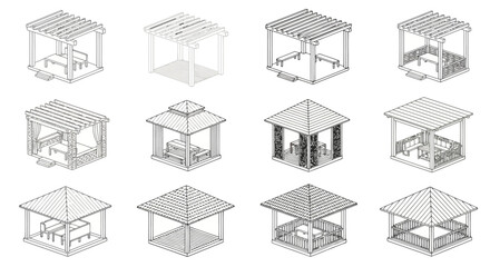 Fototapeta premium Collection of isometric line art designs for outdoor pergolas and gazebos, featuring various styles and structures
