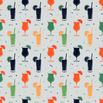  Patr&oacute;n sin costuras con bebidas variadas y frutas en estilo alegre.

