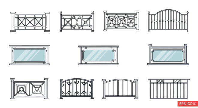 Set of various railing designs collection of modern and classic balustrades, fences, and handrails with metal and glass elements