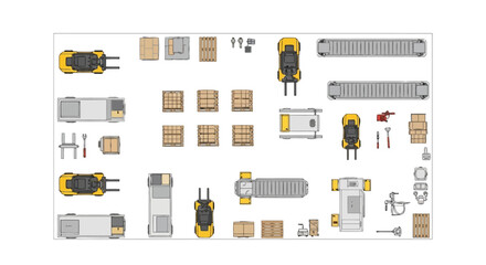 Warehouse logistics top view with forklift trucks, pallets, conveyor belts and cargo boxes © Best Design_Academy