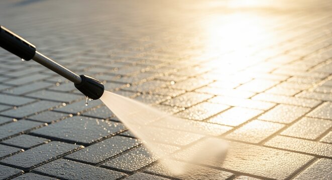 close up of pressure washing brick pavement in sunlight creating clean surface