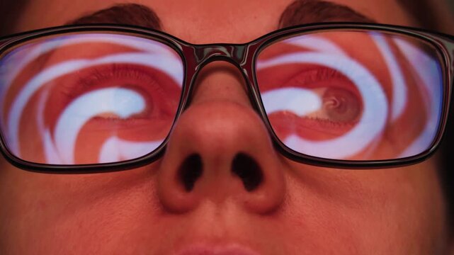 AI code on eyeglass glass, reflection on woman developer eyeglasses, working in dark office, tired busy people, depression on work, haker or it engineer with laptop, stocks markets. 