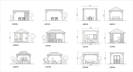 Naklejka premium Set of architectural elevations of various garden gazebos and pergolas with furniture