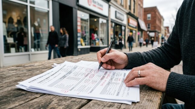 Medium shot of hands reviewing pandemic business interruption fund documents with downtown retail storefront blurred in the background highlighting financial loss calculations.