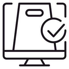 Online shopping order confirmation vector icon illustration featuring a computer monitor with a shopping bag and a checkmark symbol, representing successful digital purchase and retail transaction. © Elva
