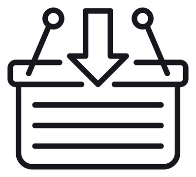 Black line vector icon of a shopping basket with a downward arrow, representing adding items to a cart for e-commerce, online shopping, and retail purchase concepts, isolated on white background.