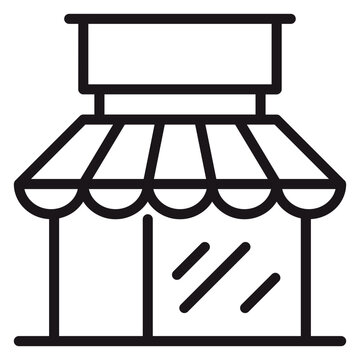 Minimalist black vector icon of a storefront building with an awning and sign, clean line art illustration of a retail shop or boutique facade for business and commerce design projects.